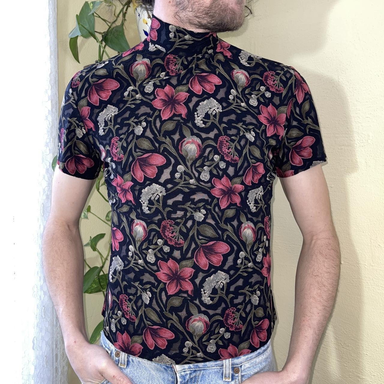 Black Red Vintage Flowers Floral Short Sleeves Mens T-Shirt