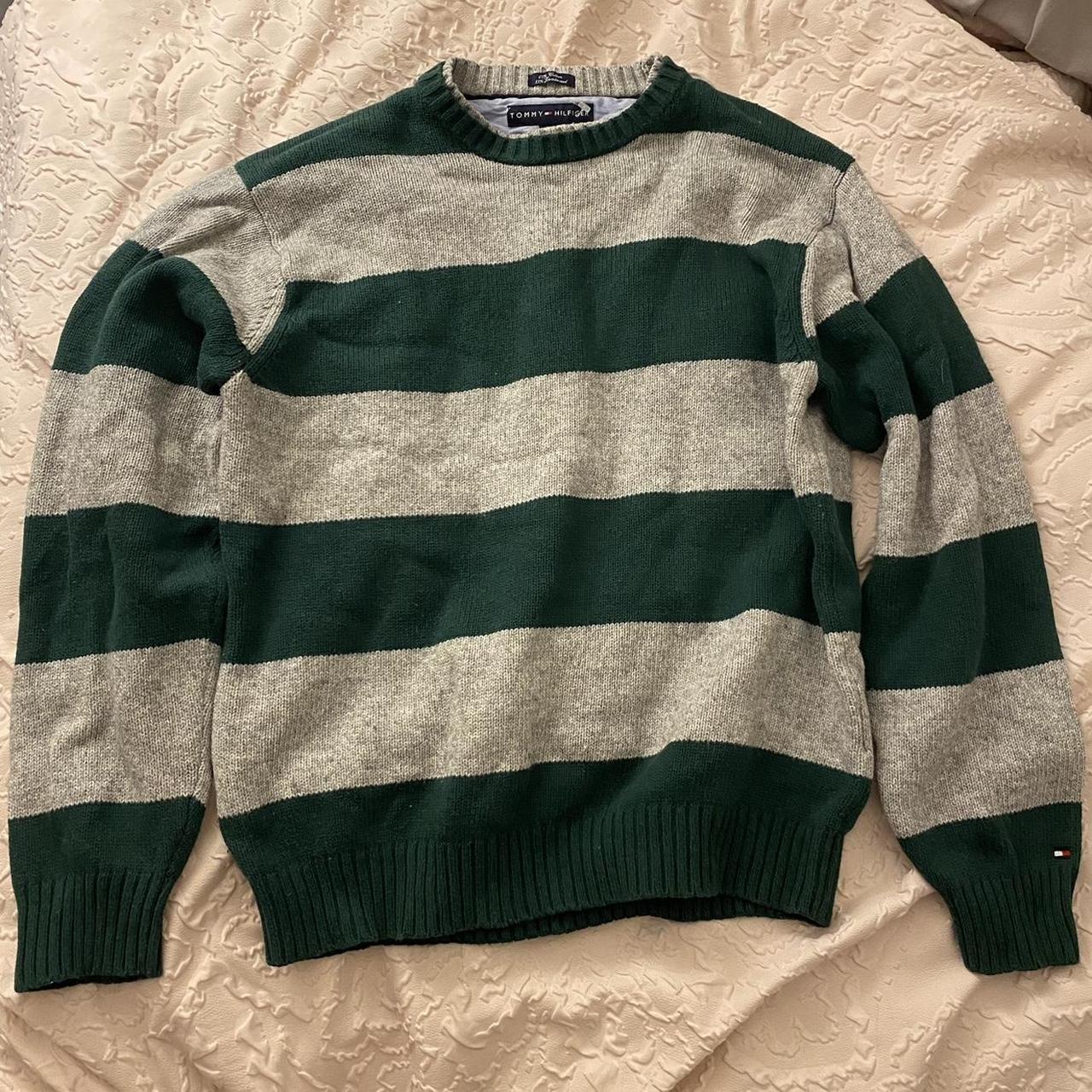 Green and grey Tommy Hilfiger Striped sweater - size... - Depop