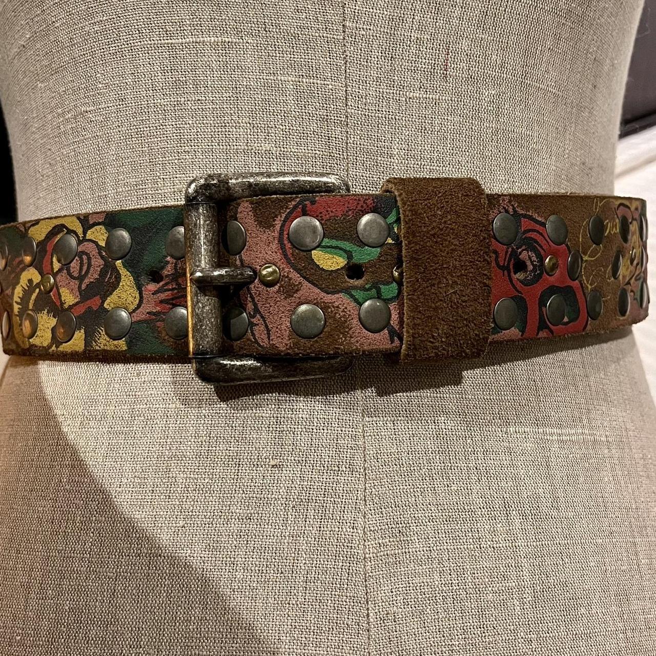 Unisex Ed Hardy hand painted leather belt. Soft tan. Depop