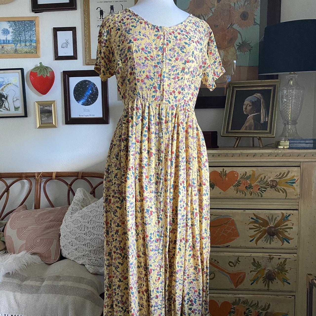 Vintage 90’s Yellow Floral Dress By Bijenkorf Huis... - Depop