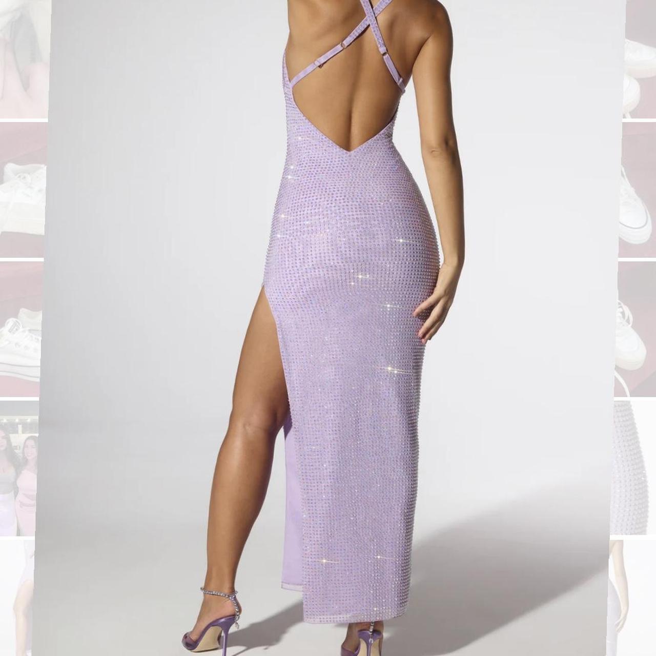 Palmira Embellished Plunge Neck Low Back Evening Gown in Lilac