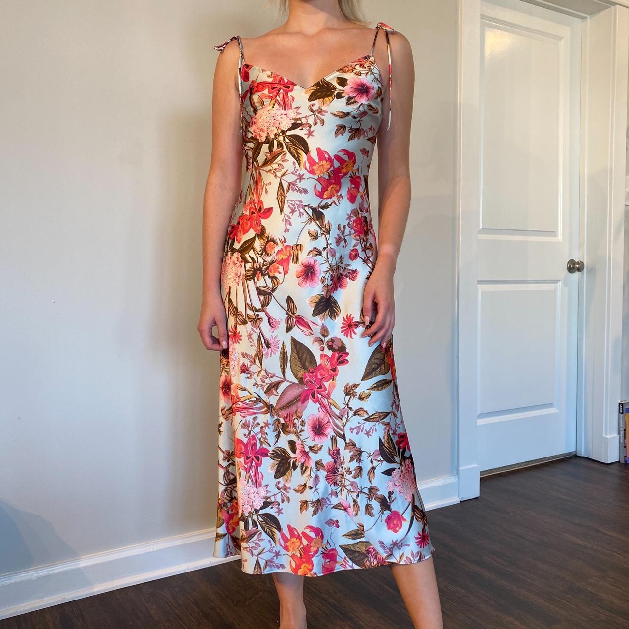 satin floral long slip maxi dress light blue satin... - Depop