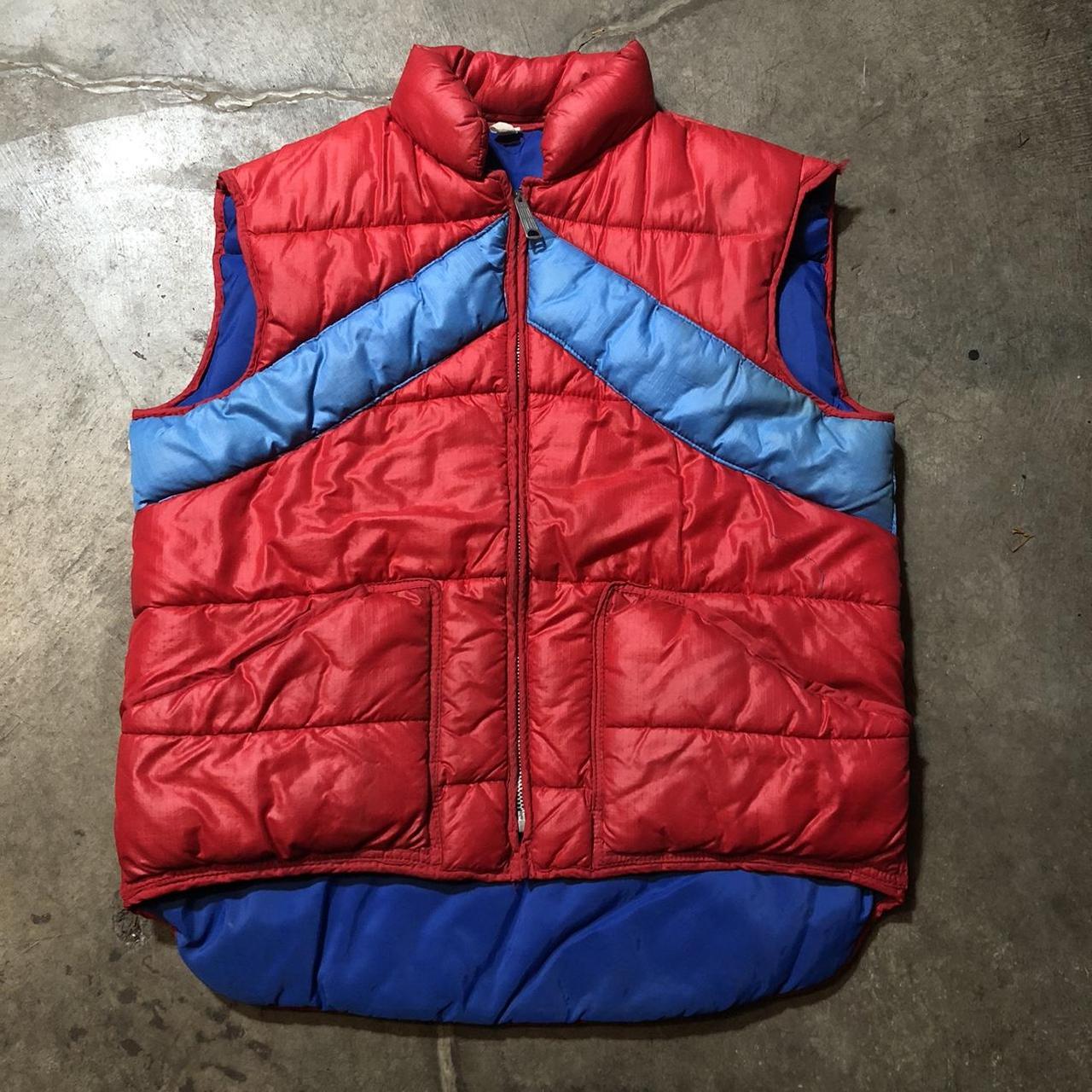 Vintage 70s colorblocked puffer vest. Red and blue - Depop