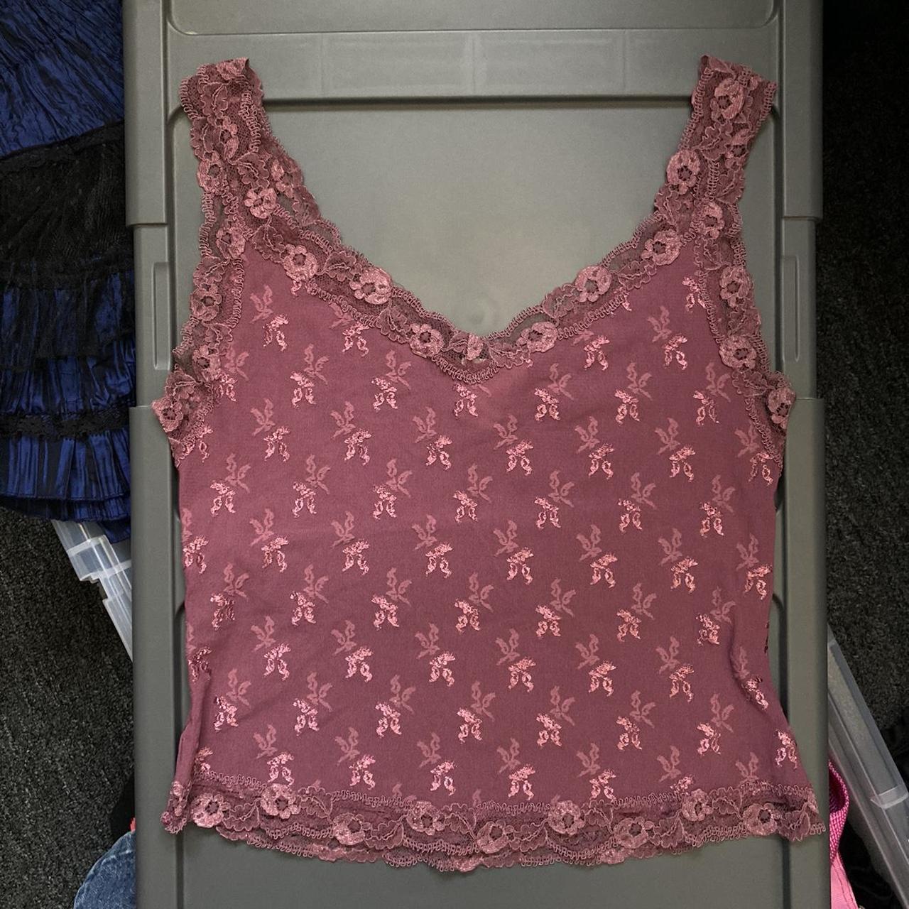 Pink cami tank top with a lace trim. Embroidered Depop