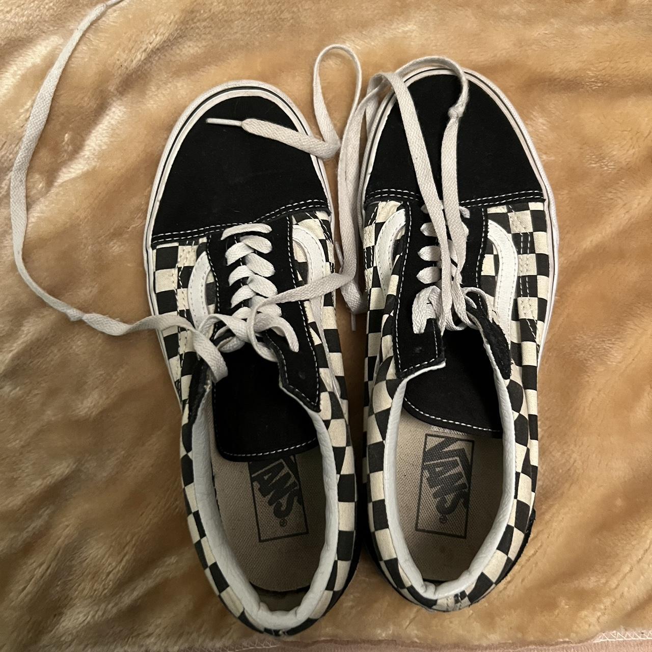 black and white checkered vans mens size 8 or womens... - Depop