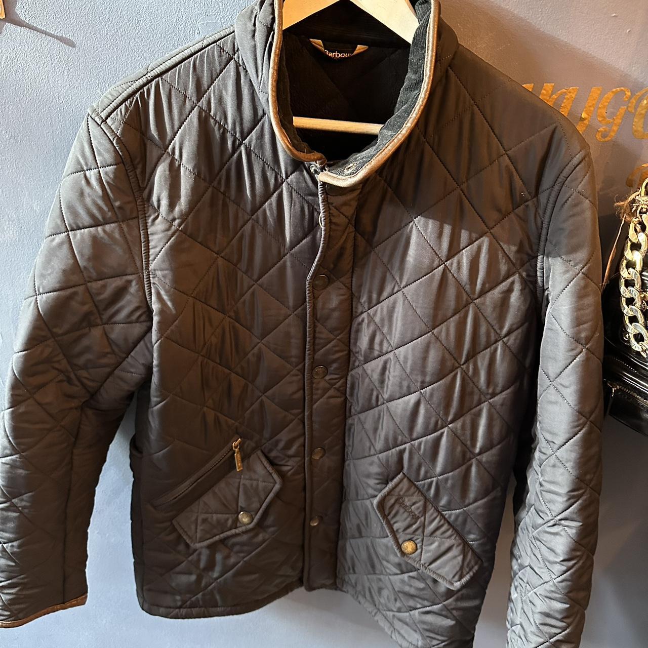 Navy blue Barbour quilted jacket with brown leather... - Depop