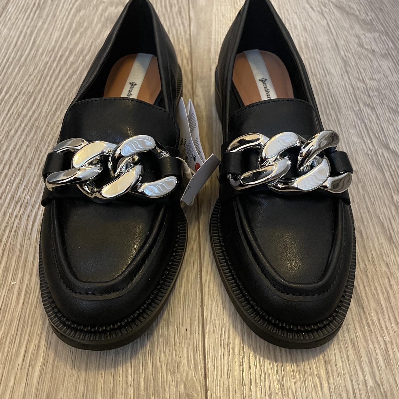 Stradivarius Black loafers with chain detail RRP... - Depop