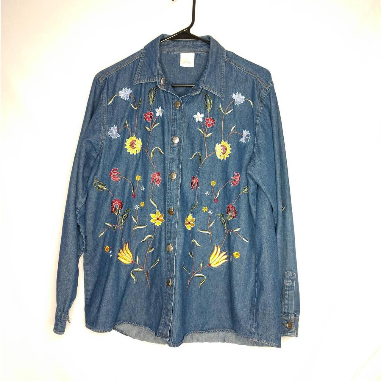 Embroidered Long Sleeve Denim Shirt Flowers Blue... - Depop