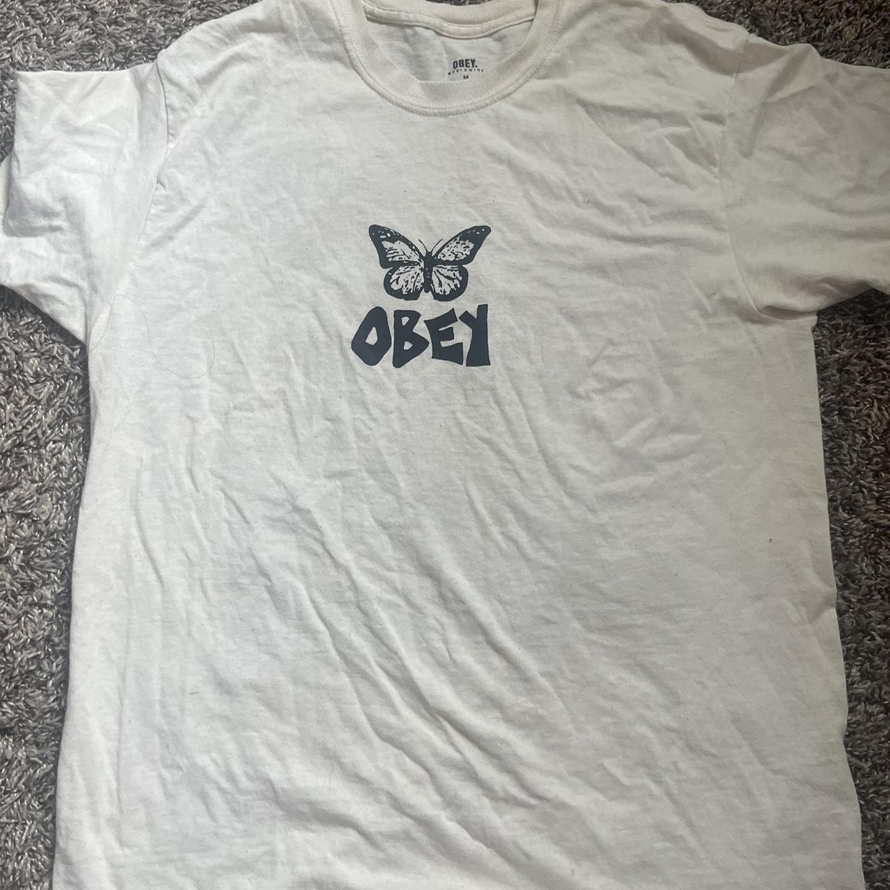 Obey Men's Cream and Tan T-shirt