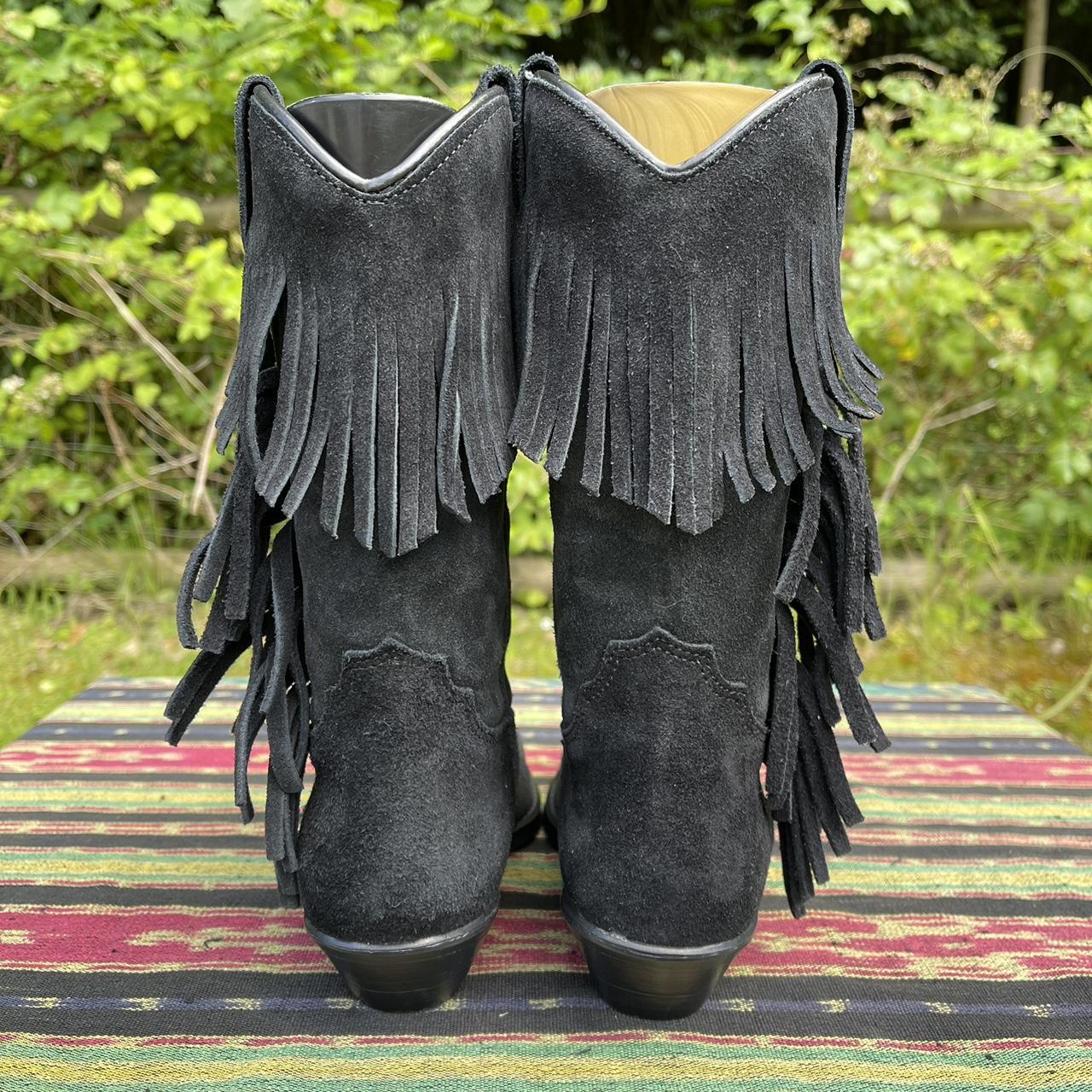 Wrangler Vintage Black Leather & Denim Cowboy Western Boots store w/Fringes Gypsy Boho