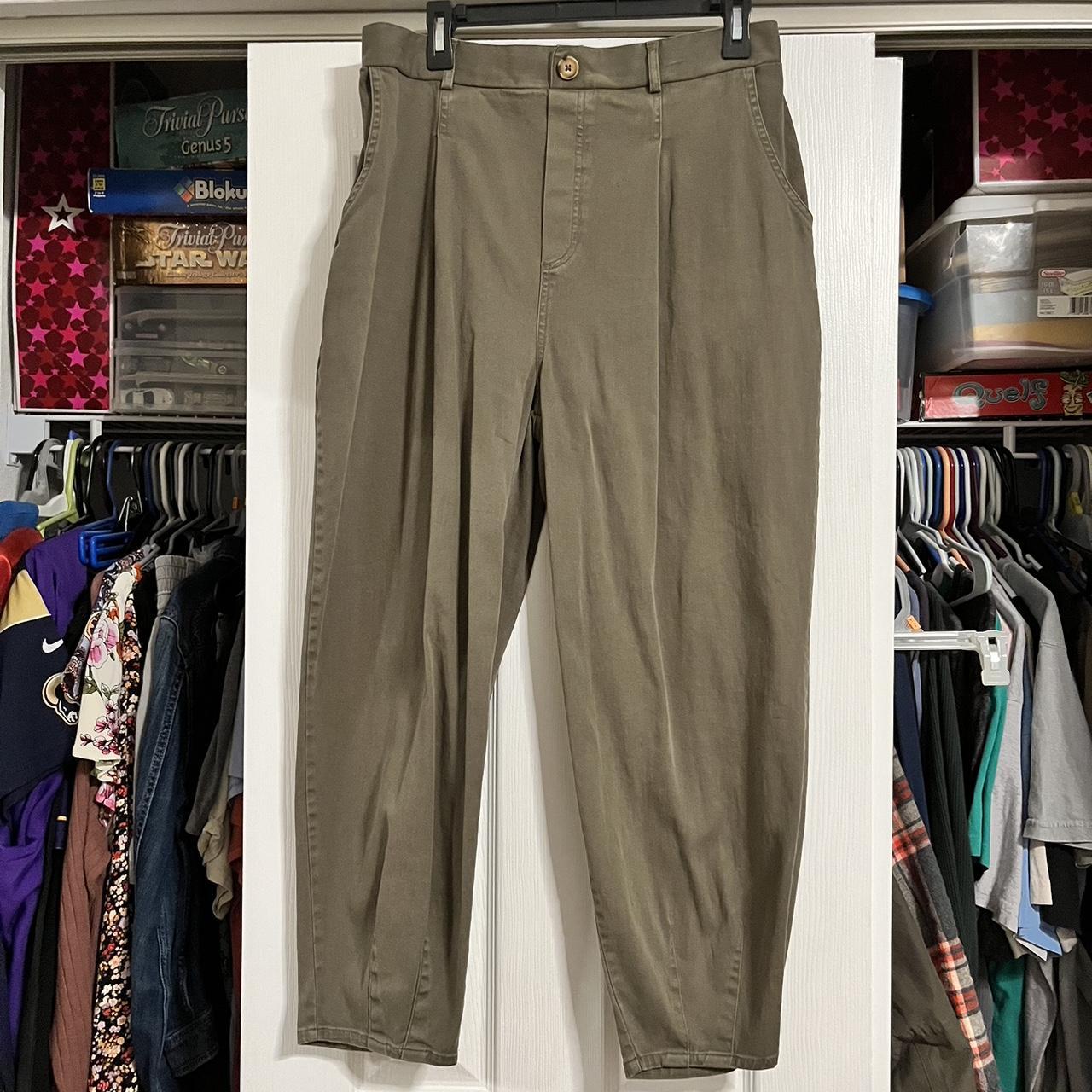 Green pleated pants - size L - tapered ankle but a... - Depop