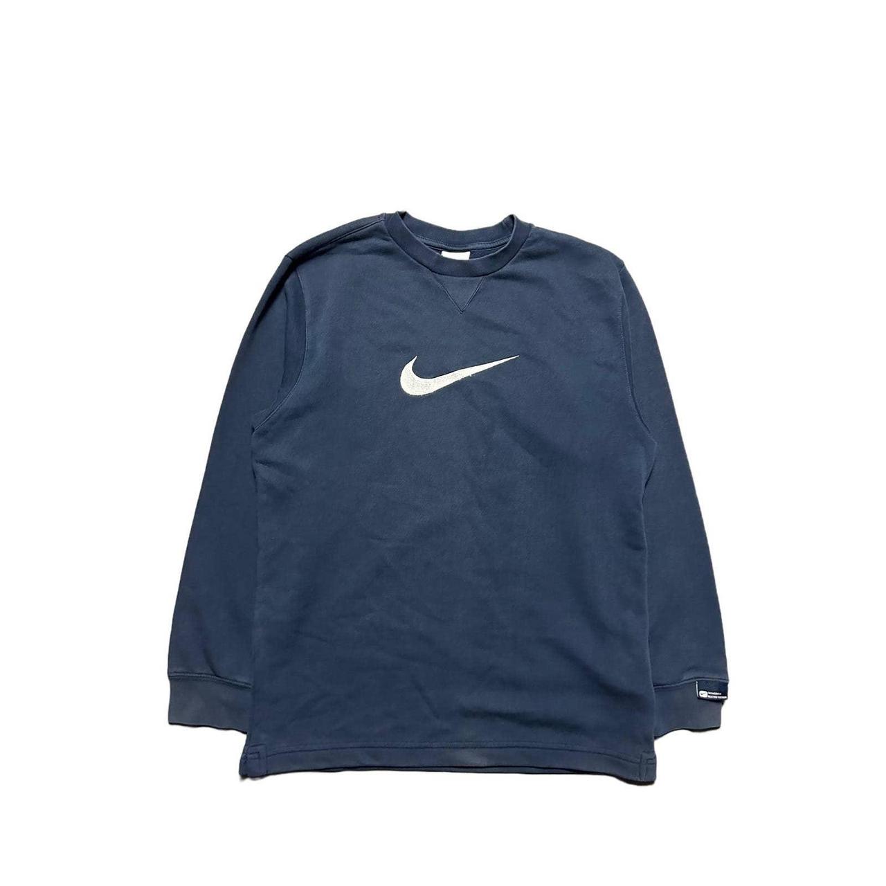 Nike sweatshirt big swoosh logo navy 2000s Size S... - Depop