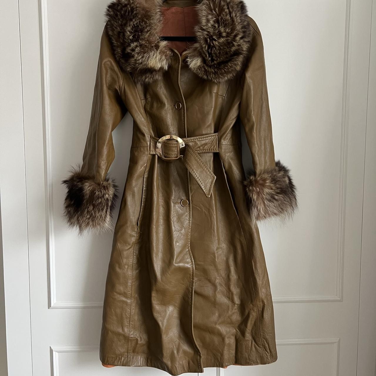Vintage belted leather trench coat with fur trim... - Depop