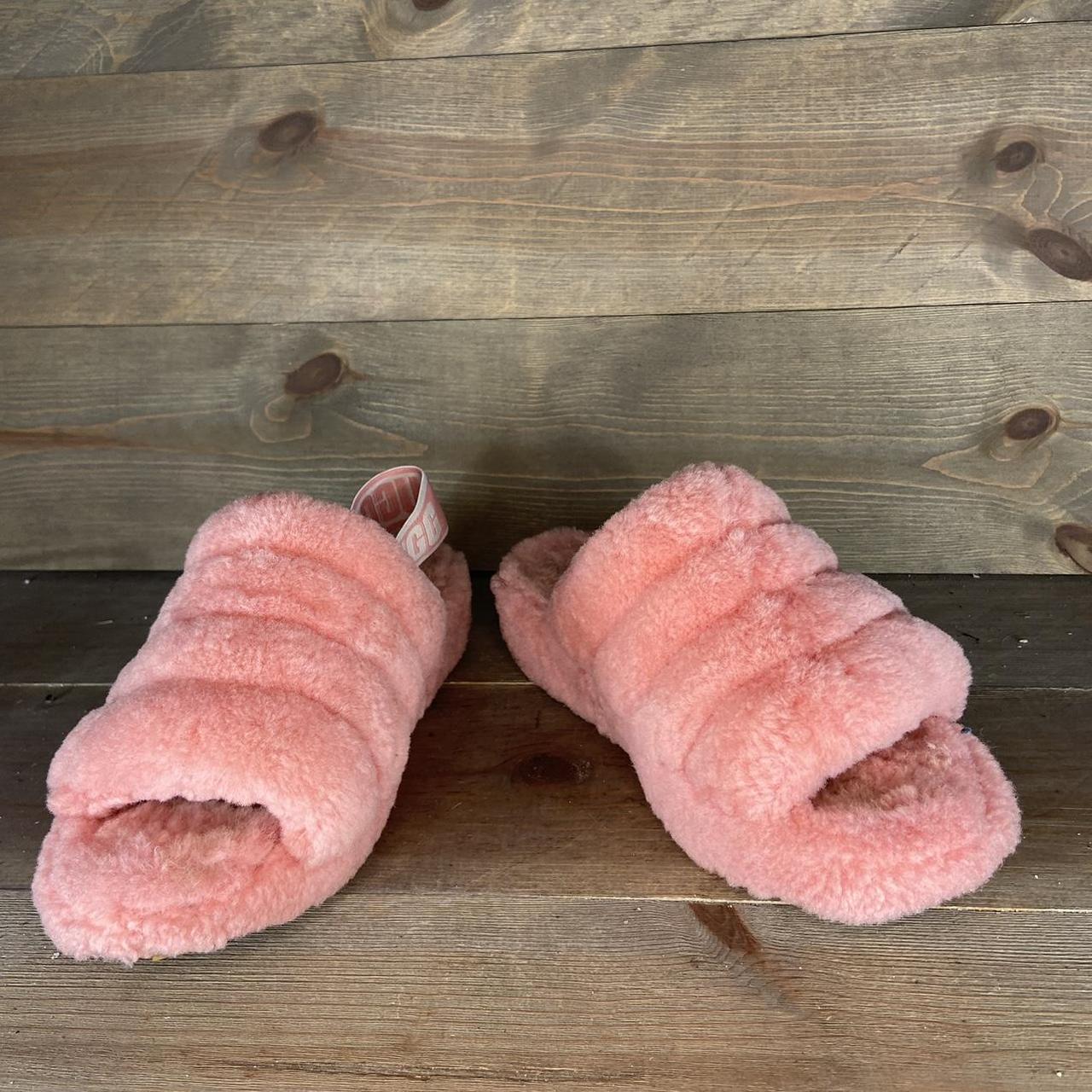 pink lv furry slippers, worn once excellent - Depop