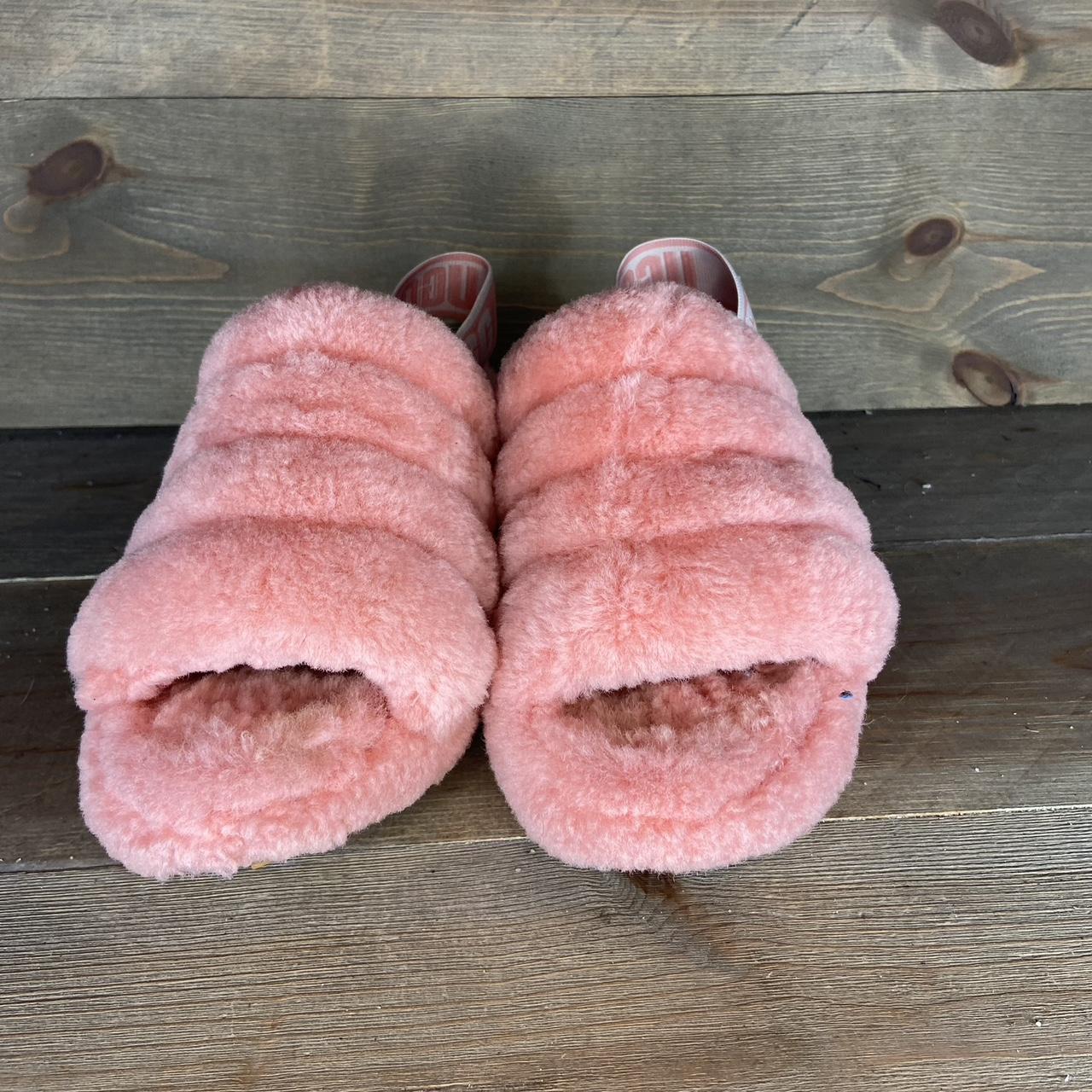 pink lv furry slippers, worn once excellent - Depop