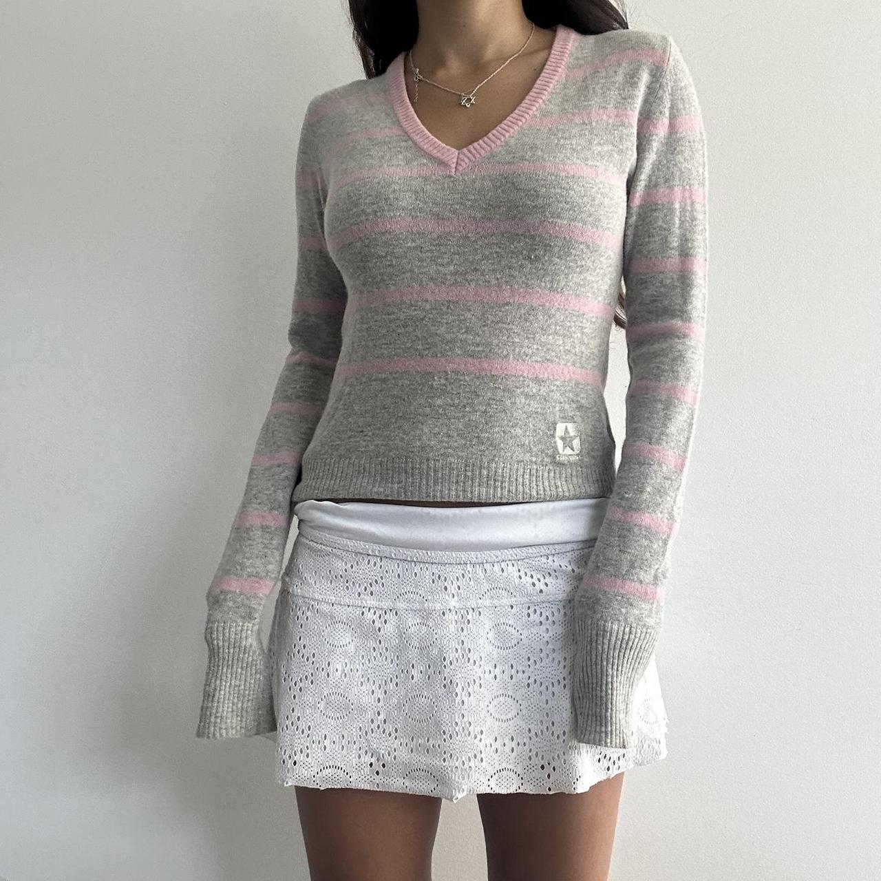 Vintage soft grey baby pink stripe converse jumper. Depop