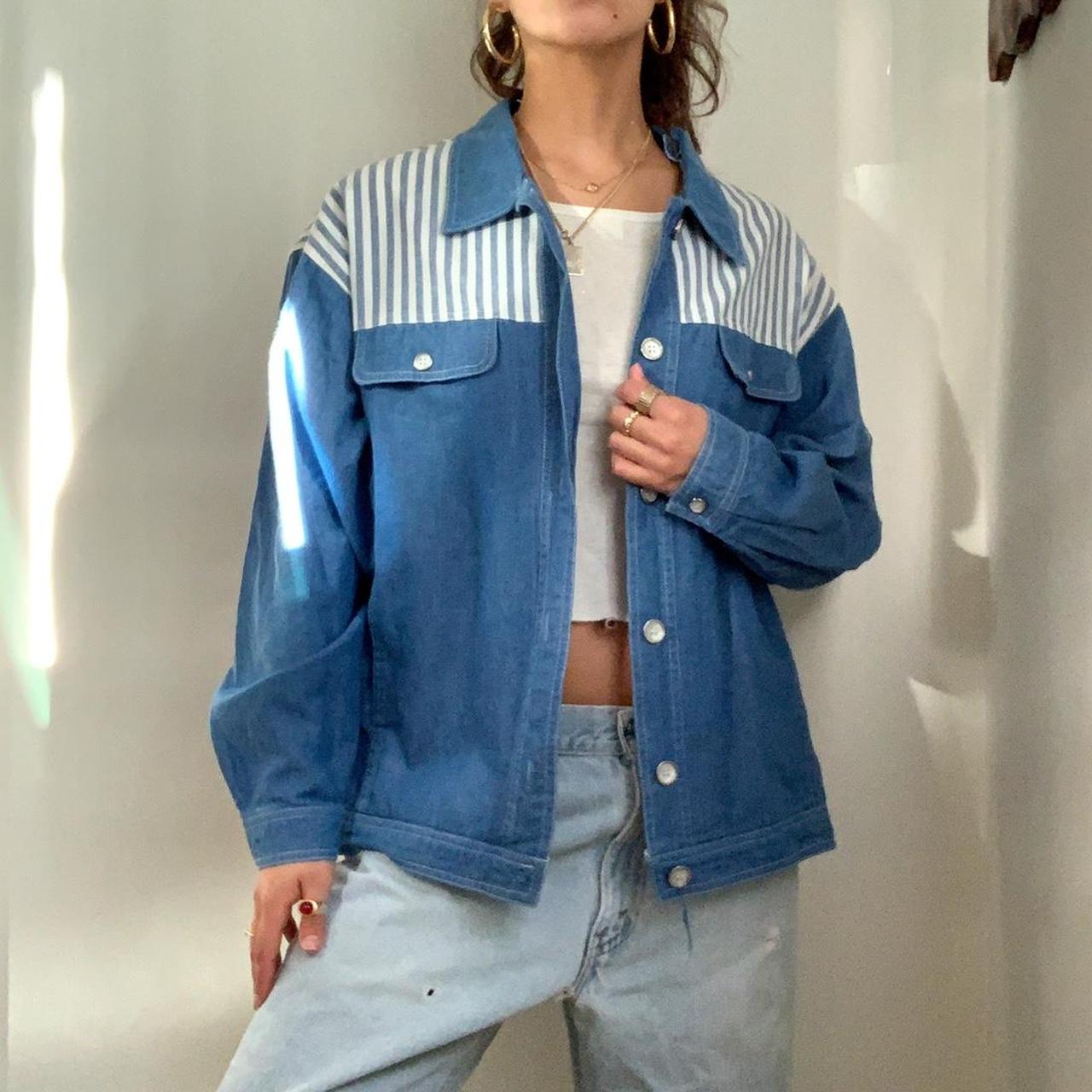 Vintage denim overshirt/jacket with white and blue... - Depop