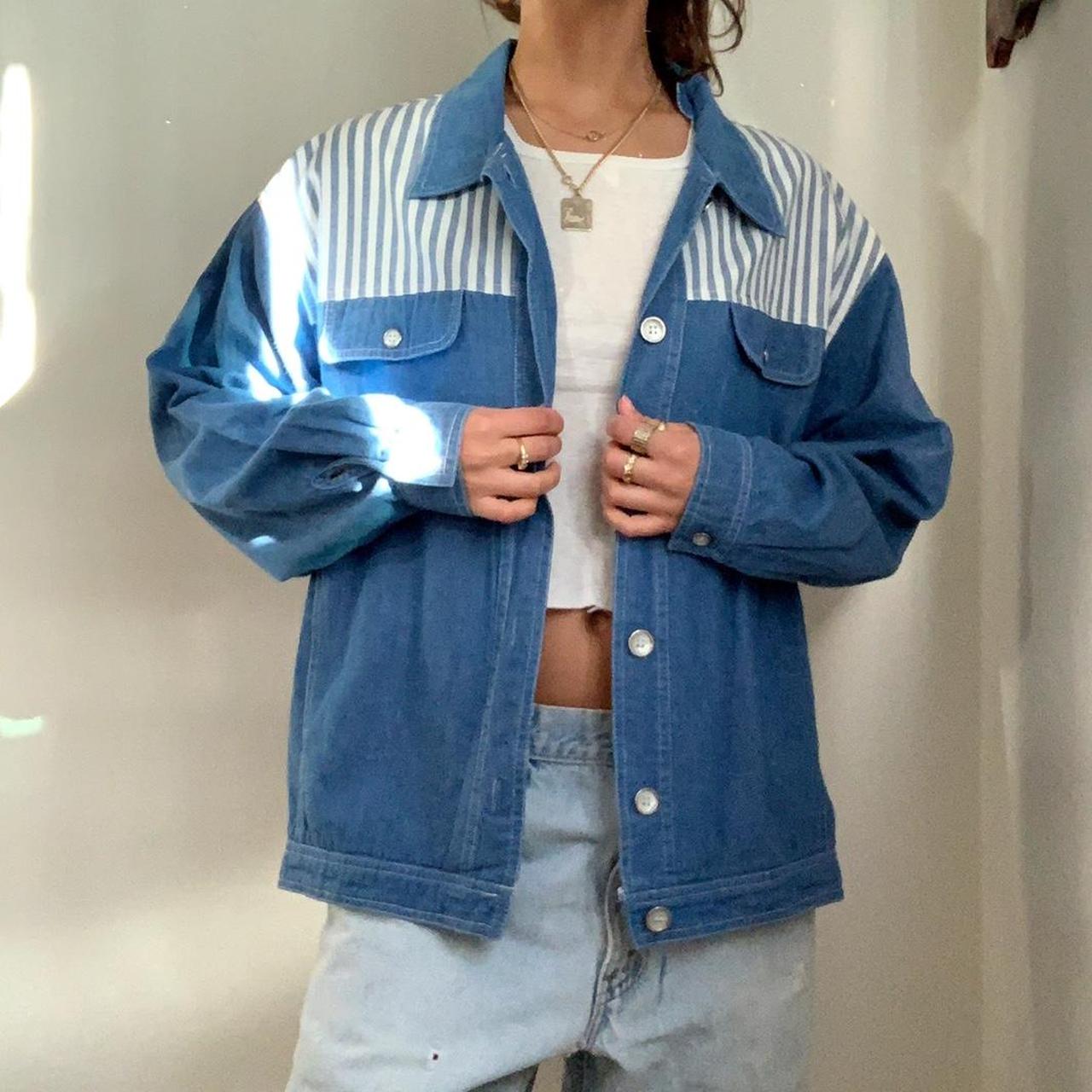 Vintage denim overshirt/jacket with white and blue... - Depop