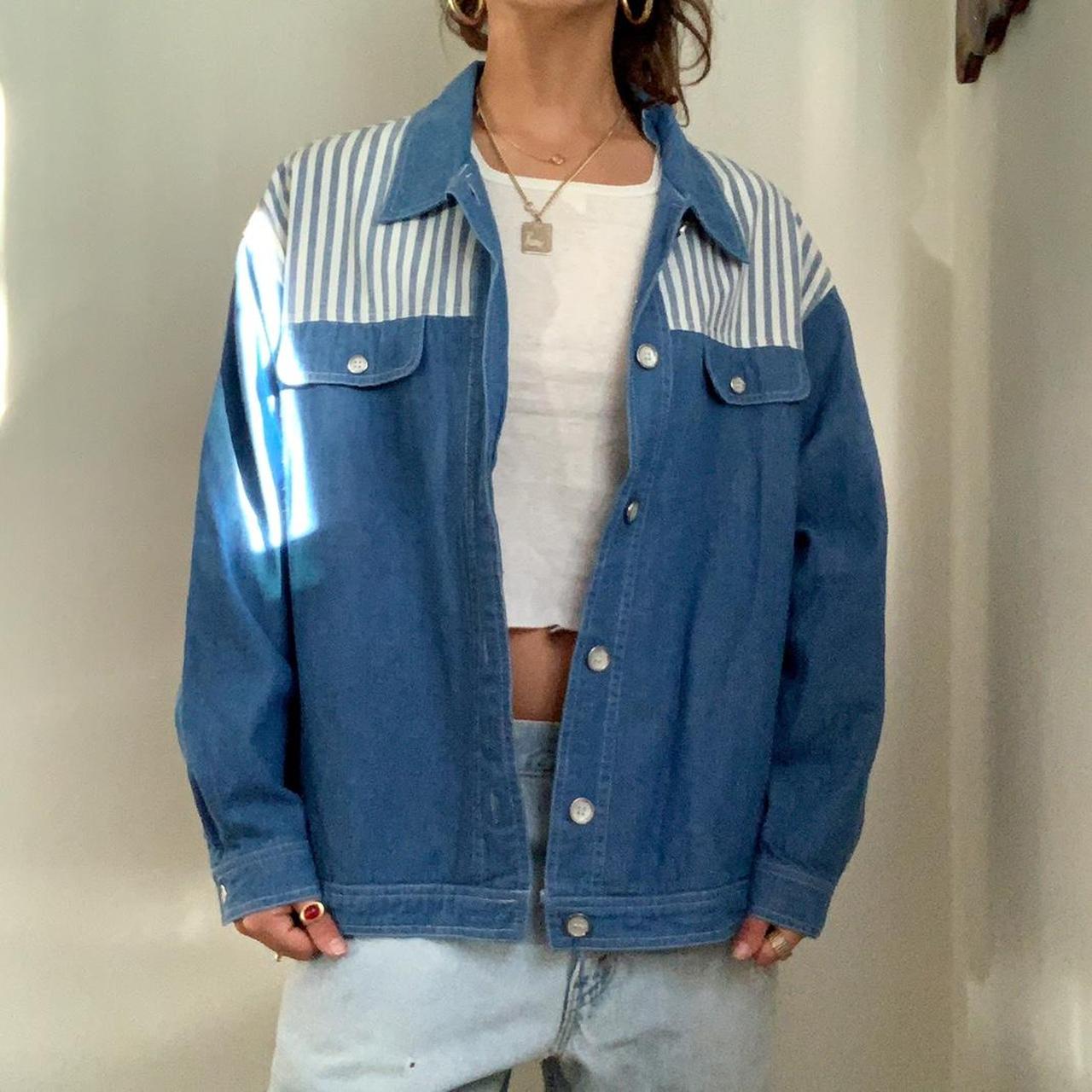 Vintage denim overshirt/jacket with white and blue... - Depop