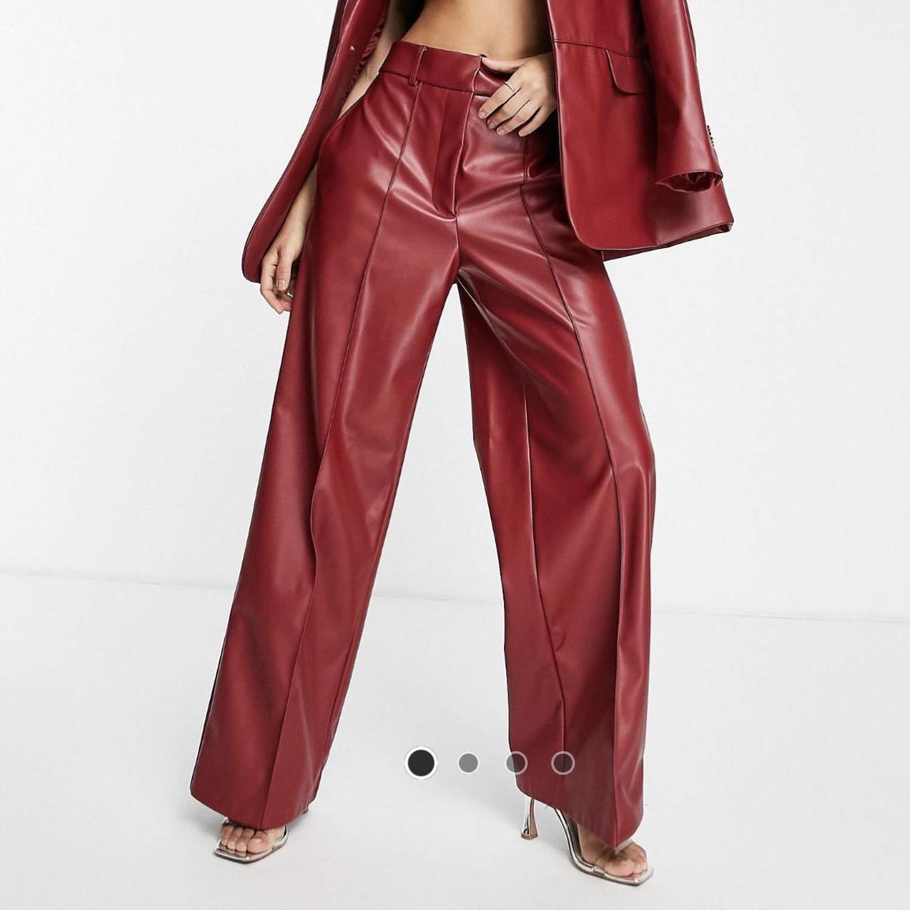 NA-KD faux leather wide leg pants in burgundy Depop