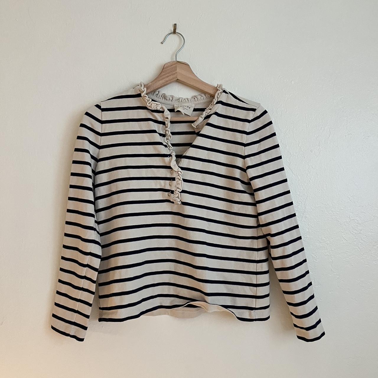 Sézane Women's Cream and Navy Shirt | Depop