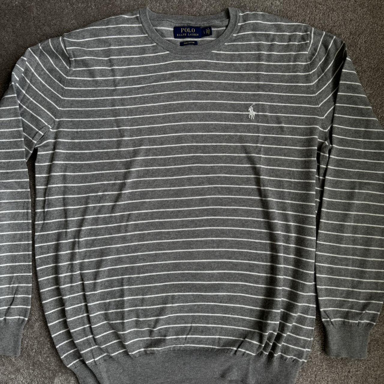 Ralph Lauren Grey/White Striped Sweater Large, true... - Depop