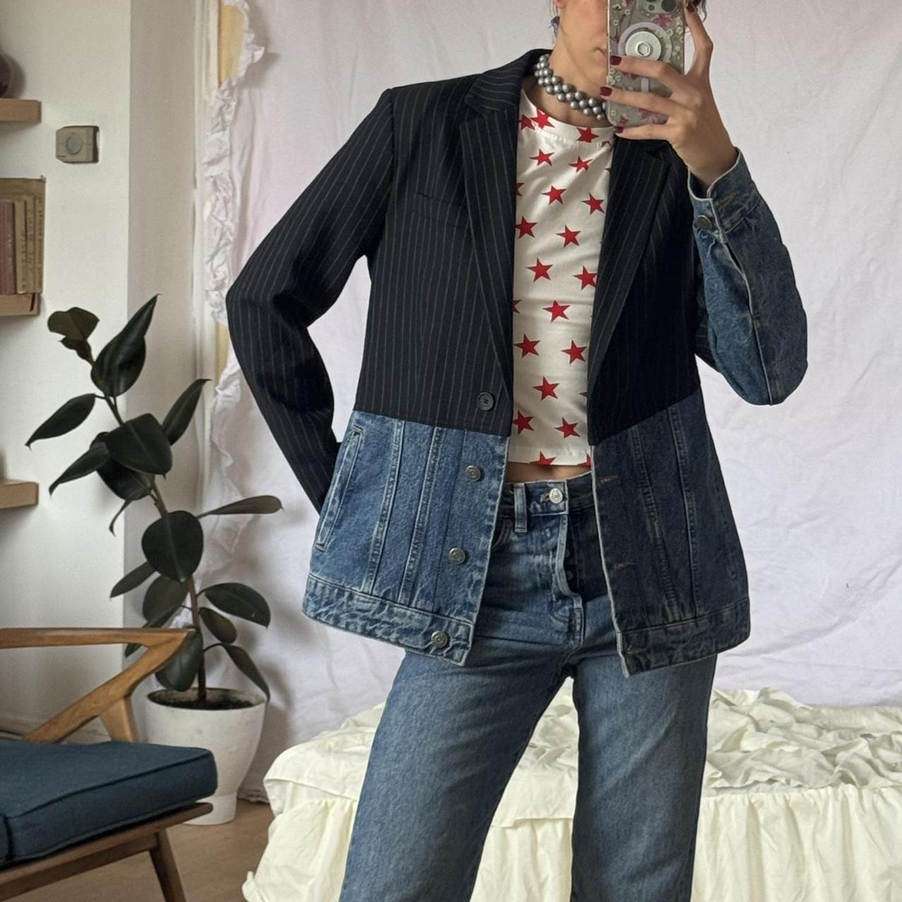 A hybrid blazer with one half in denim and the other. Depop