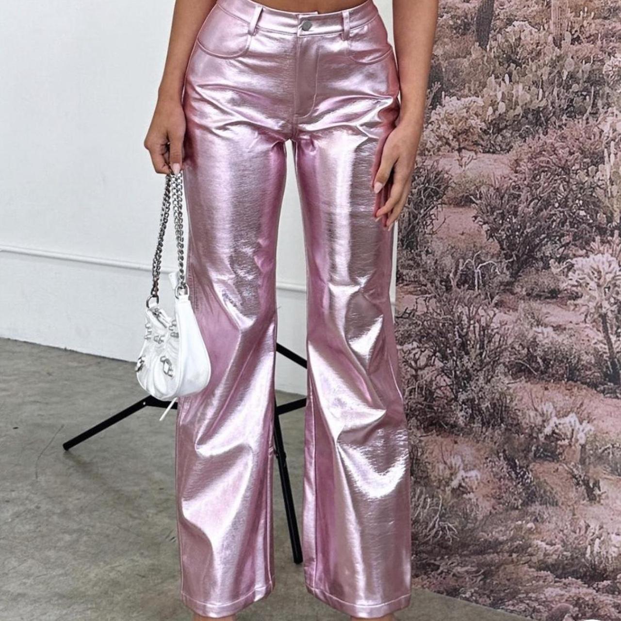 White Fox Boutique push the button metallic PU pants... - Depop