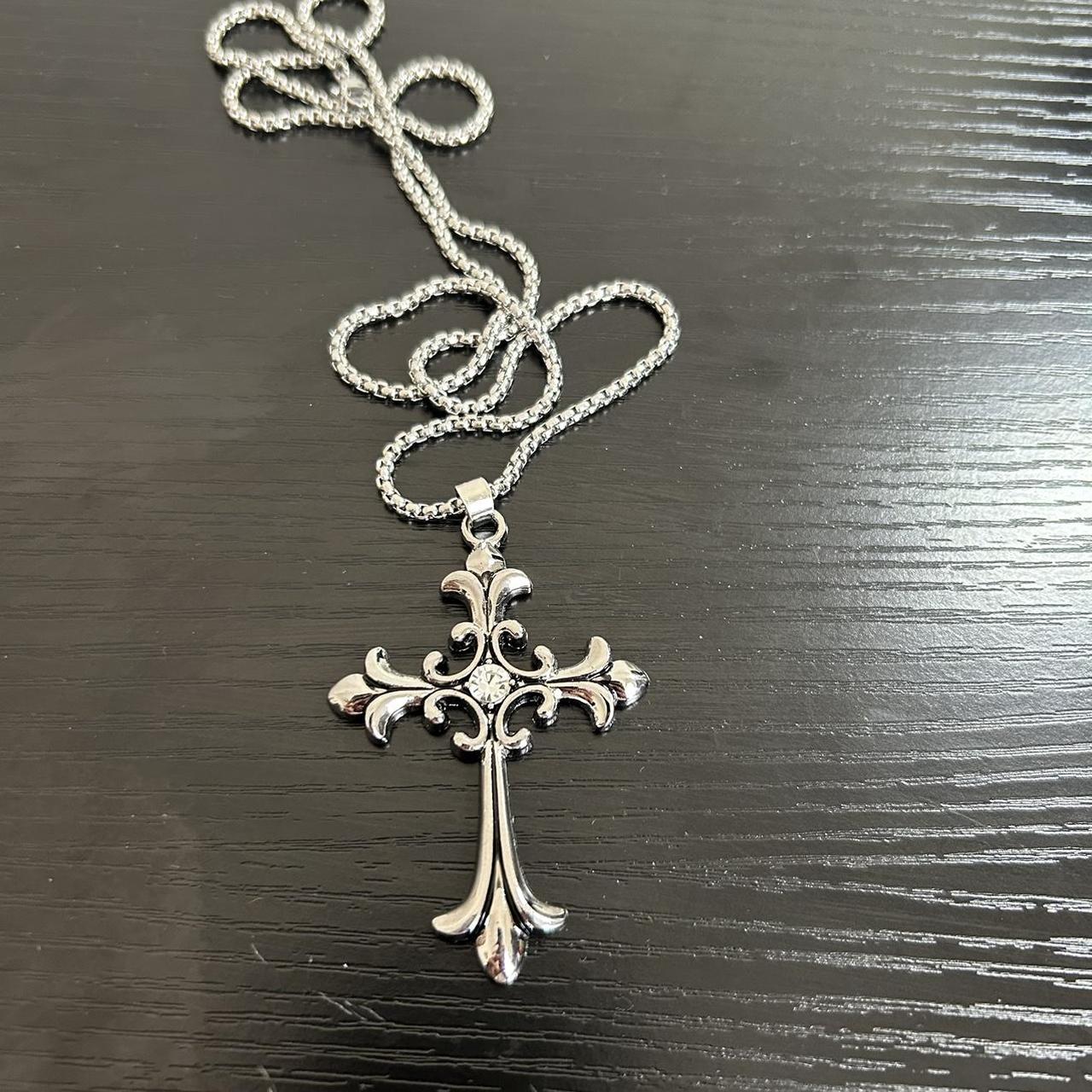 Y2k silver Big Gothic Rhinestone Cross opium punk | Depop