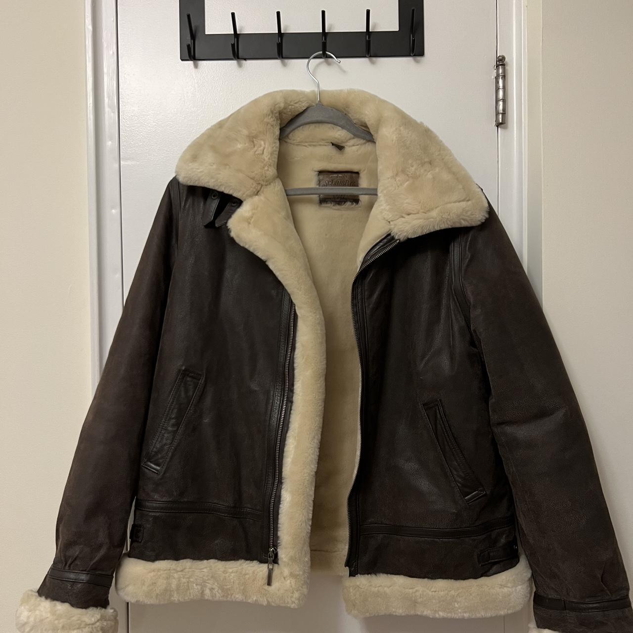 Vintage brown leather jacket with fur inside.... - Depop