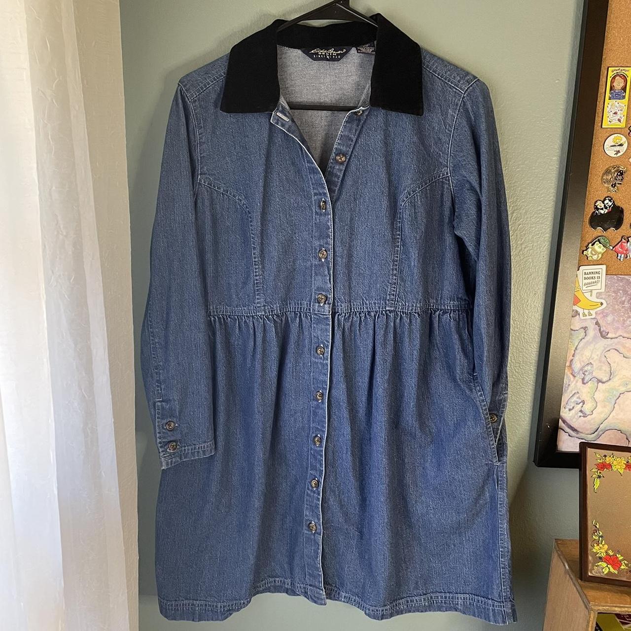 Vintage Eddie Bauer denim dress with velvet... - Depop