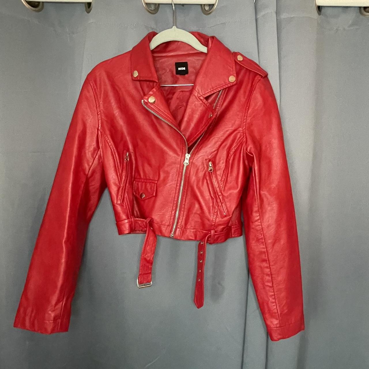 cropped red faux leather jacket Size Small Depop