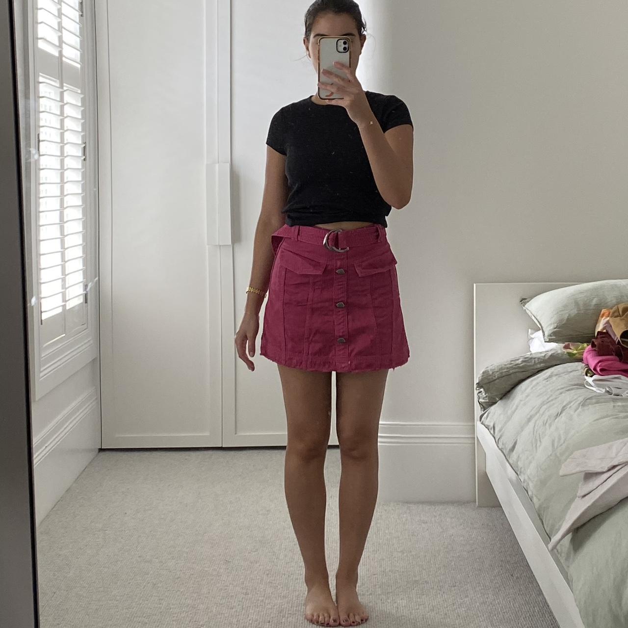 Aje pink denim mini skirt Barely worn - super fun... - Depop