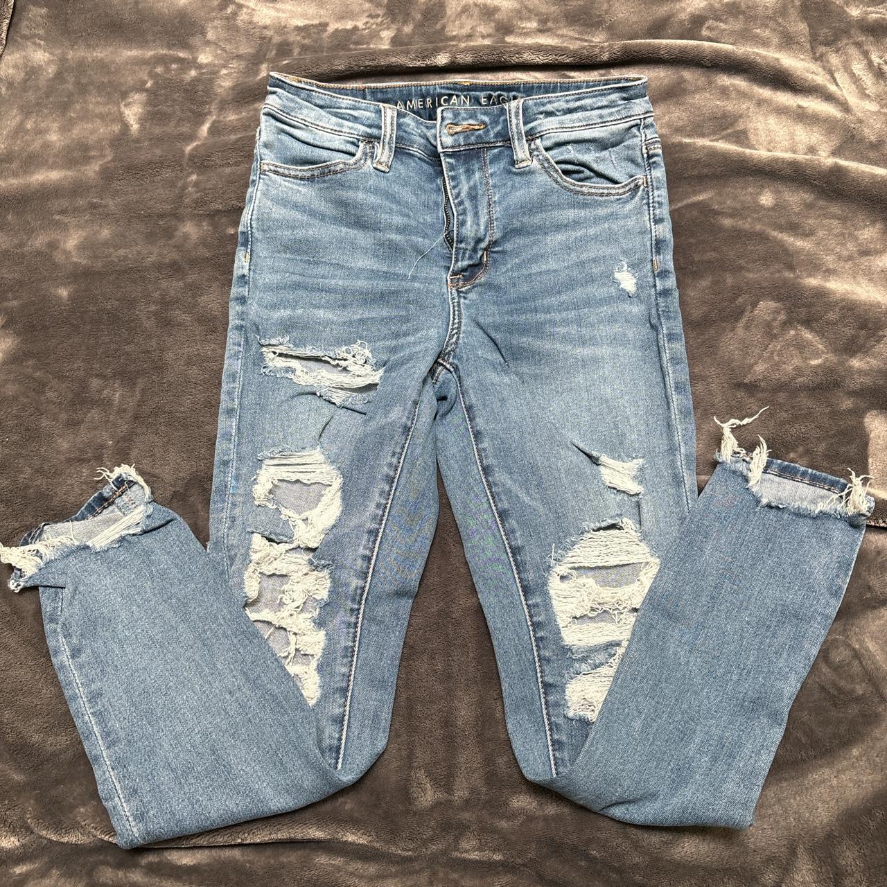 American Eagle mid rise blue tipped skinny jeans.... - Depop