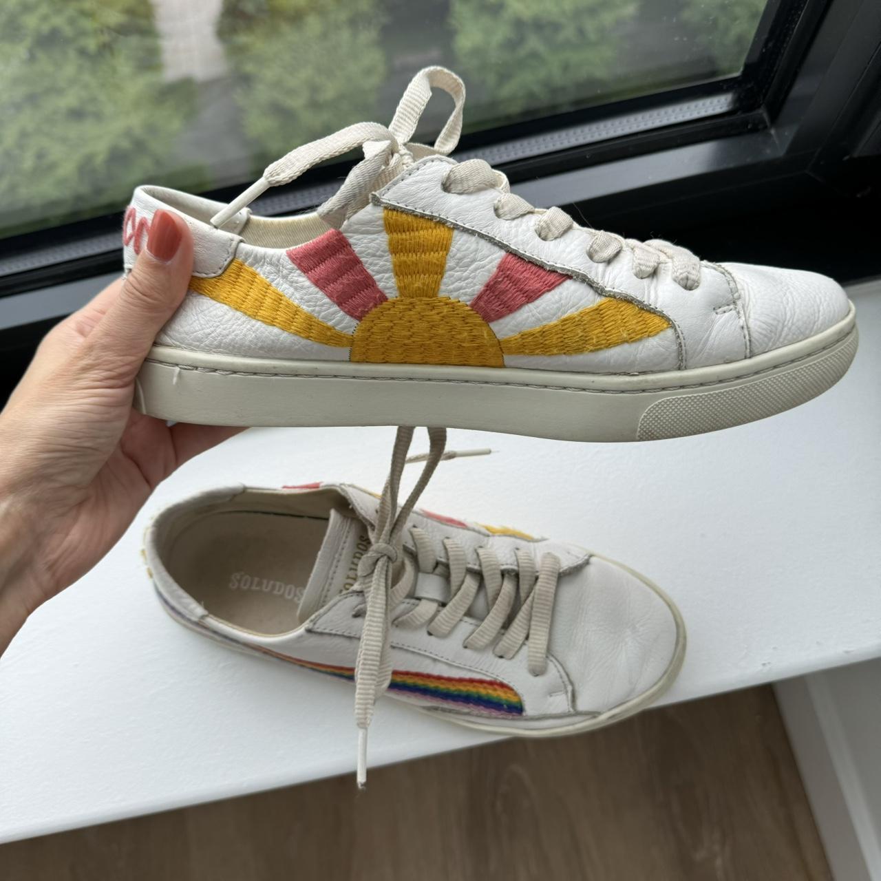 Soludos white sneakers with colorful design on the. Depop