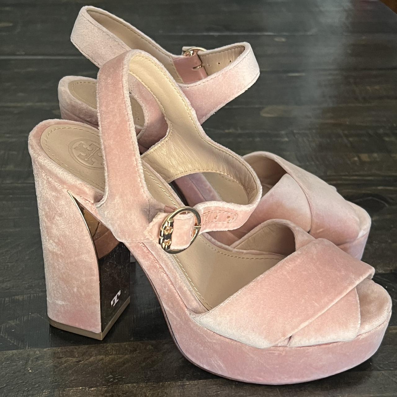 Pink Tory Burch velvet platform sandals with
