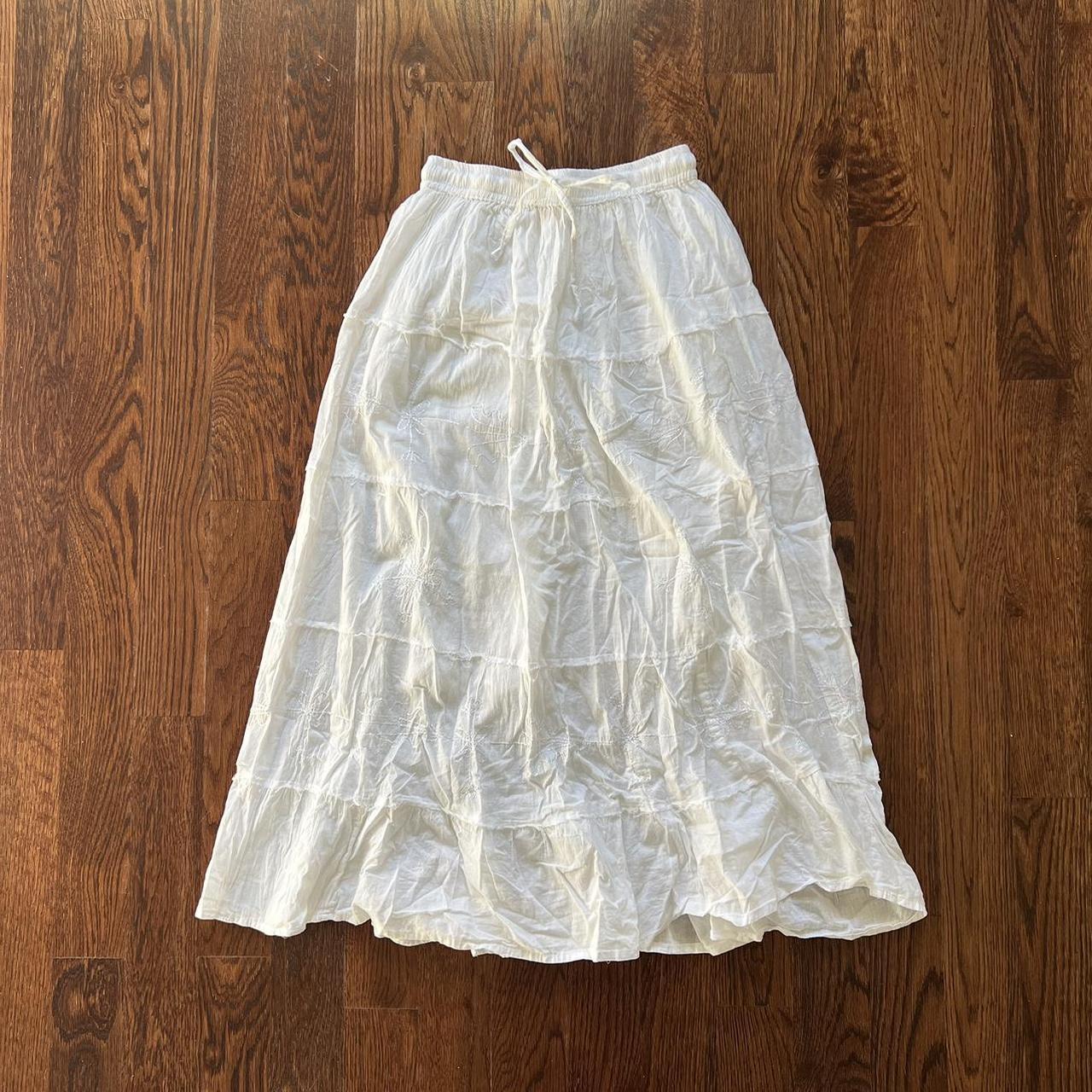 Long white flowy skirt, stitching designs on the... - Depop