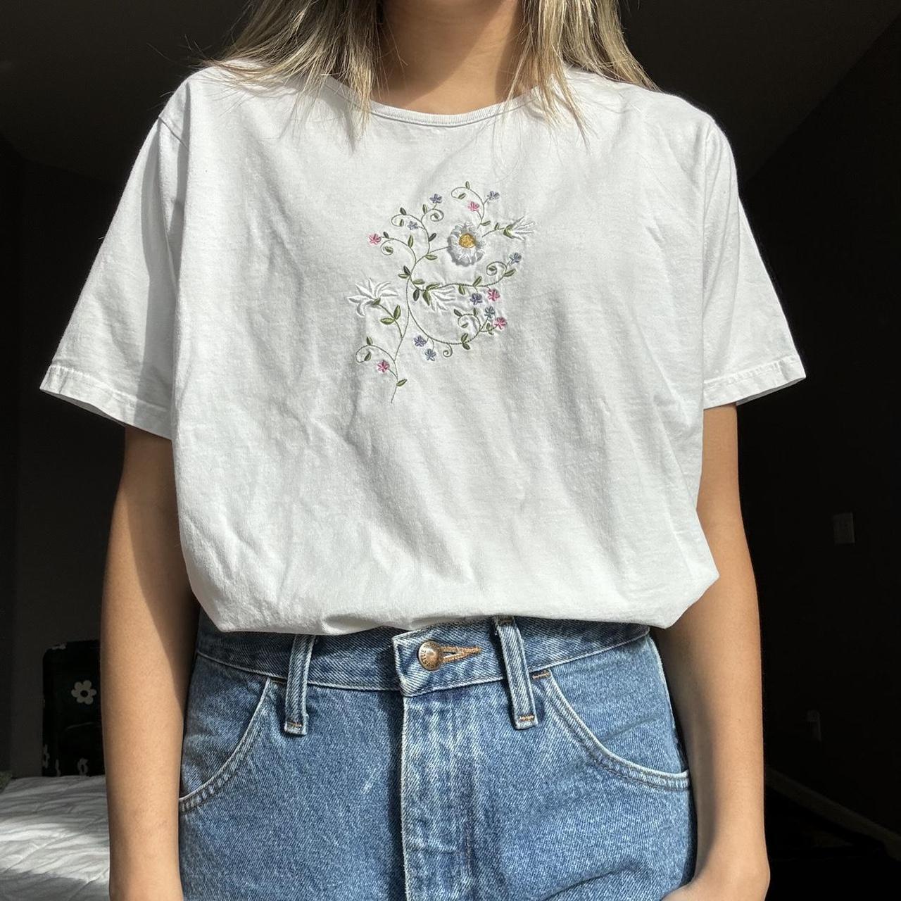 Vintage flower embroidered white shirt, the flower... - Depop