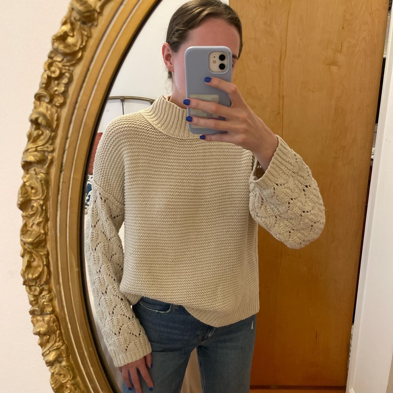 Cream sweater with contrasting crochet knit sleeves... - Depop