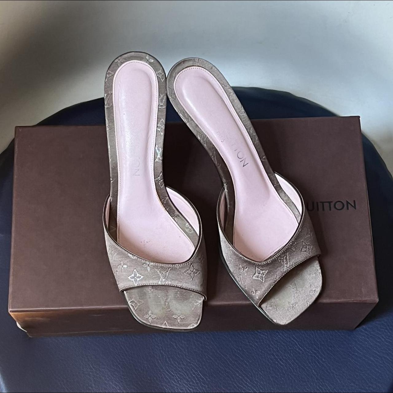 Vintage Louis Vuitton taupe satin sandal heels. Rare - Depop