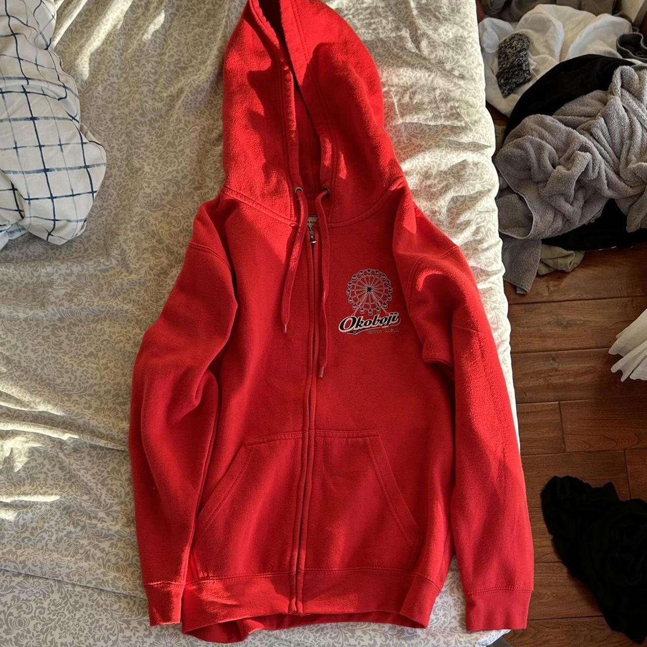 cute lil red zip up hoodie, very comfy feel free to... Depop