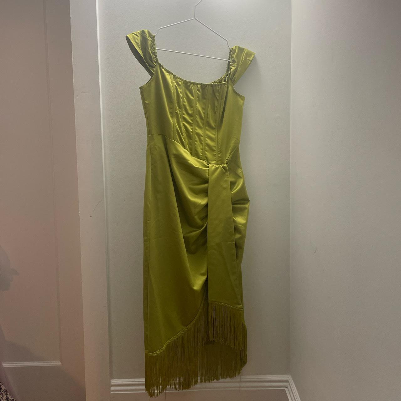olive green satin dress off the shoulder corset top... - Depop