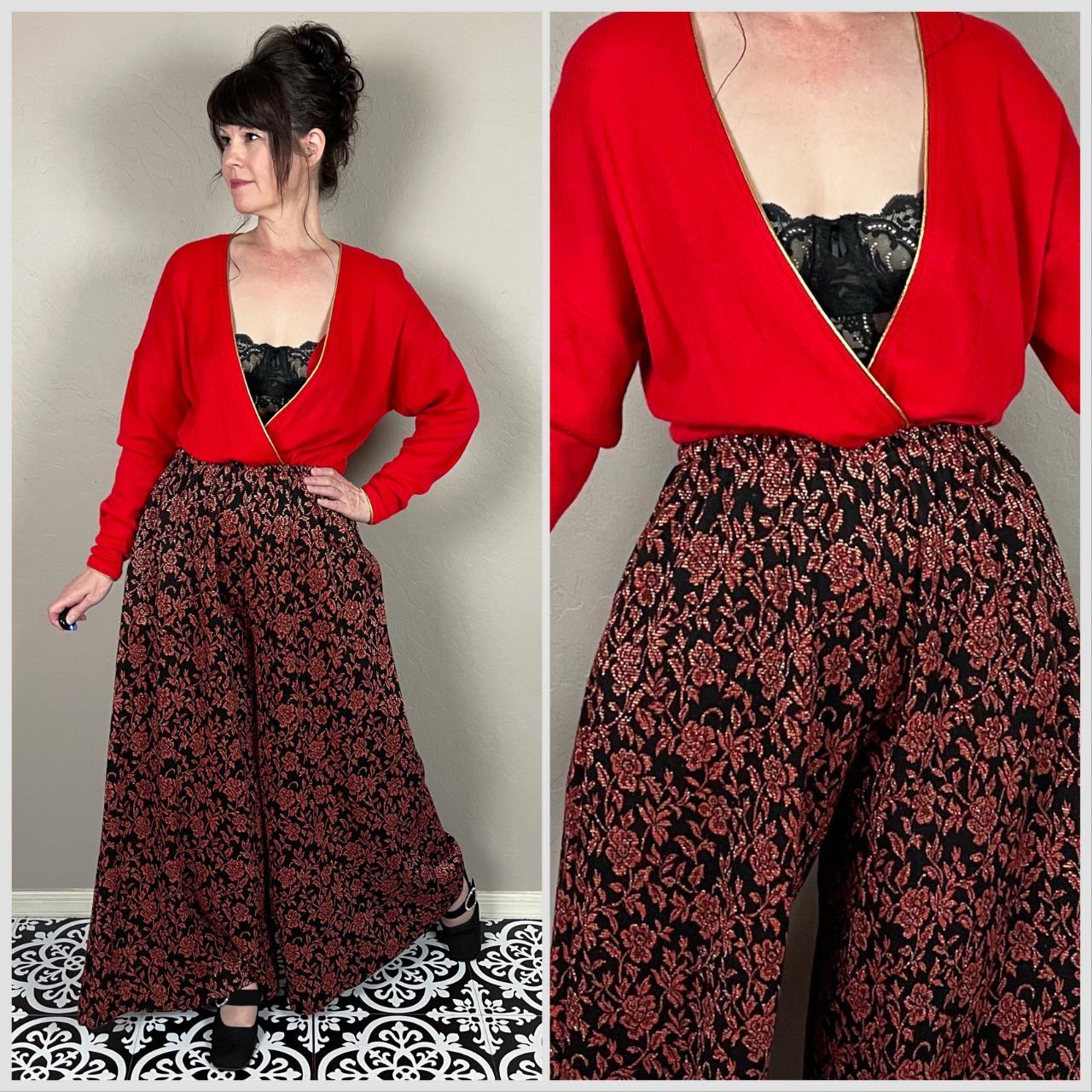 Vintage 1970s Red and Black Floral Knit Wide Leg... - Depop