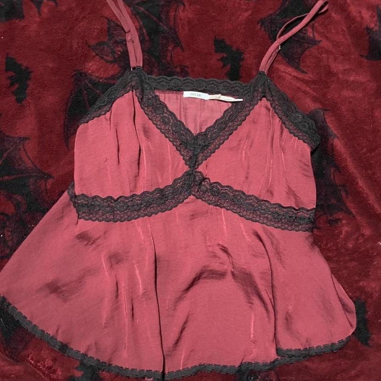 Burgundy silk blouse with black lace trim Includes... - Depop