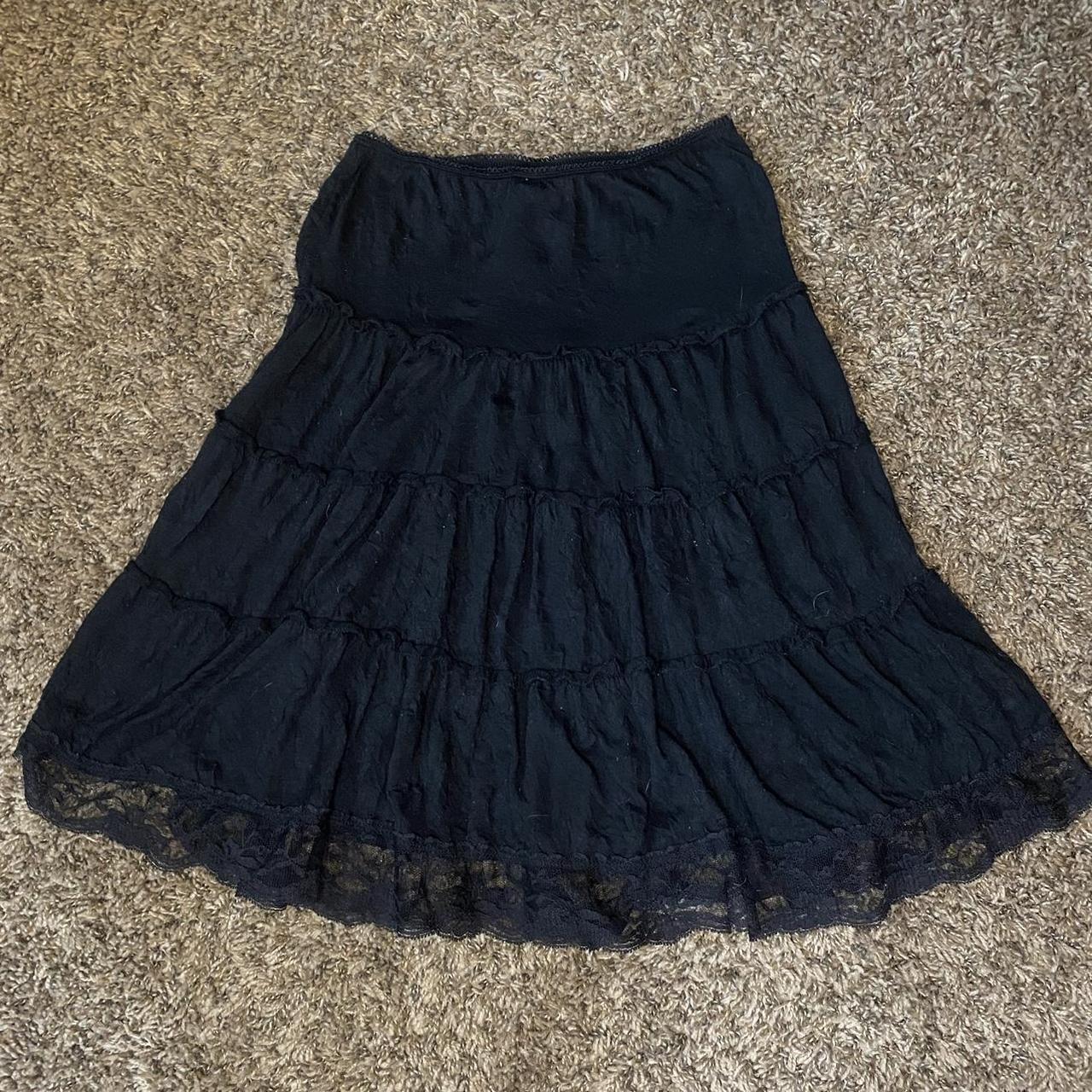 Y2k black ruffled tiered skirt. Cute lace trim on... - Depop