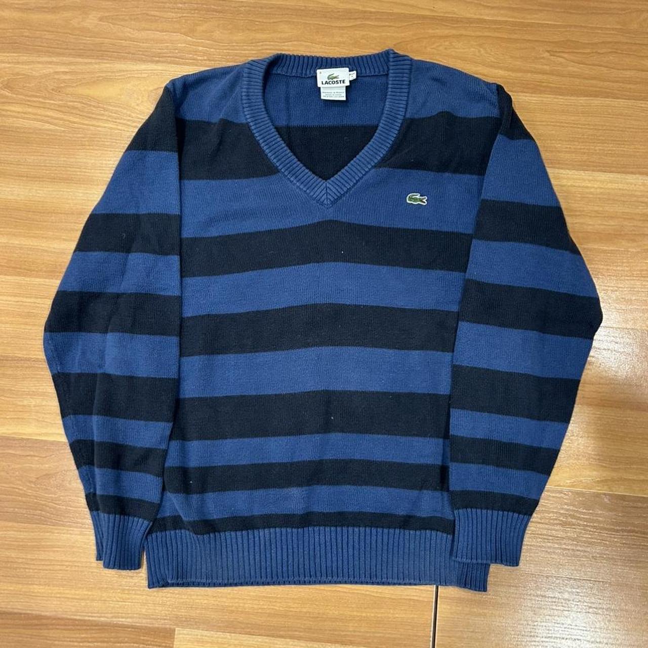 LACOSTE striped black and blue sweater - lightly... - Depop