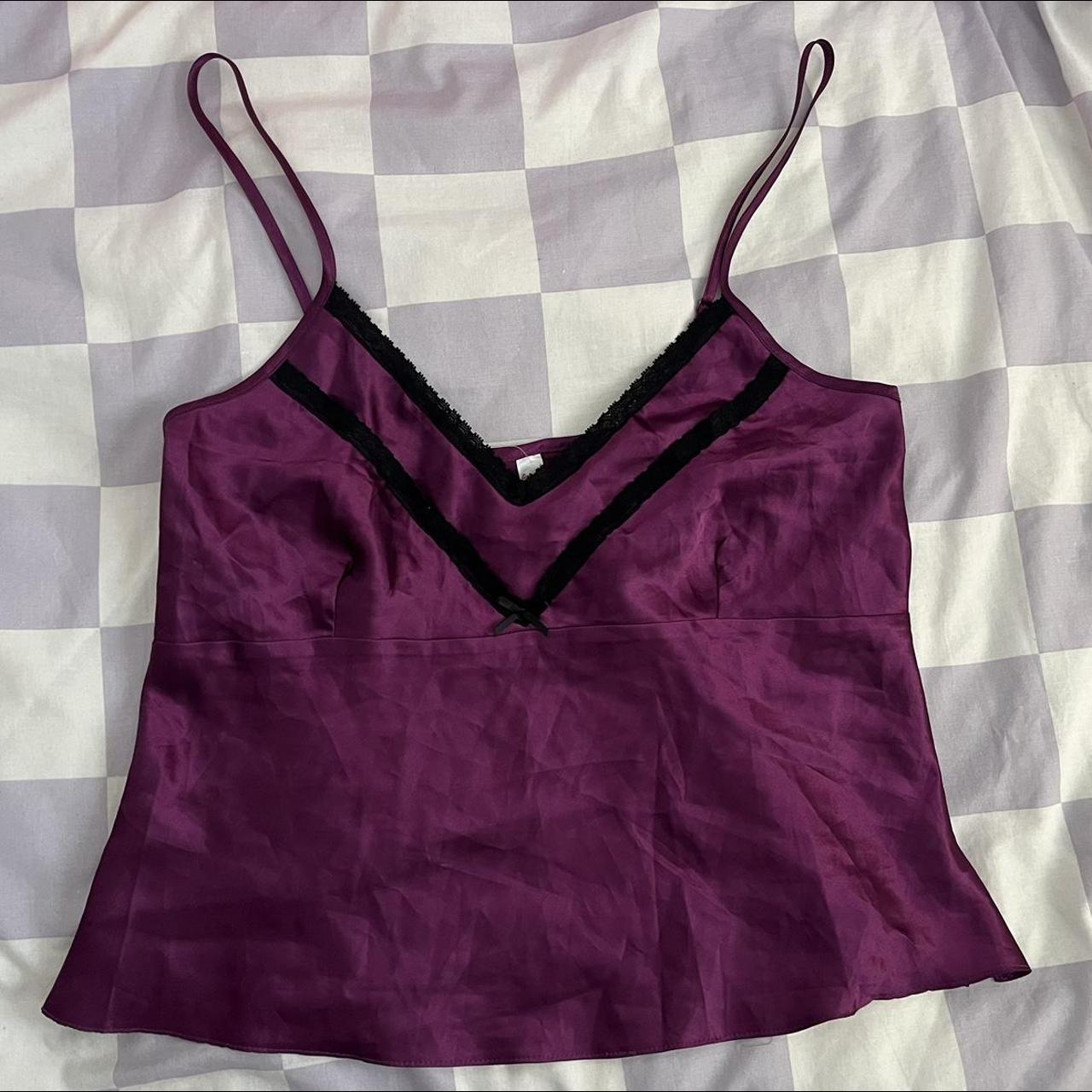 Ann Summers Purple Satin Black Lace Trim Bow Cami... - Depop