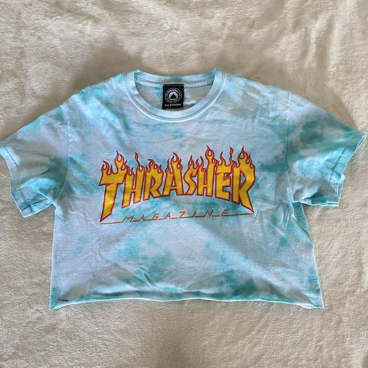 Thrasher Women's White and Blue Crop-top | Depop