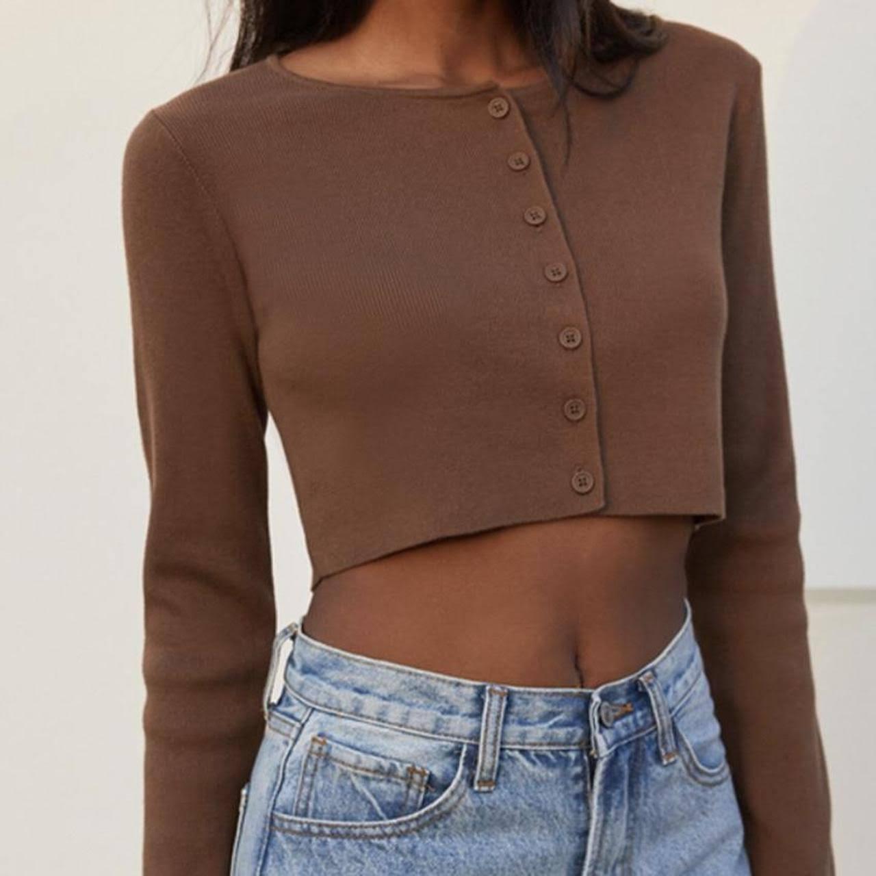 Brandy Melville Brown Buttoned Long Sleeve... Depop