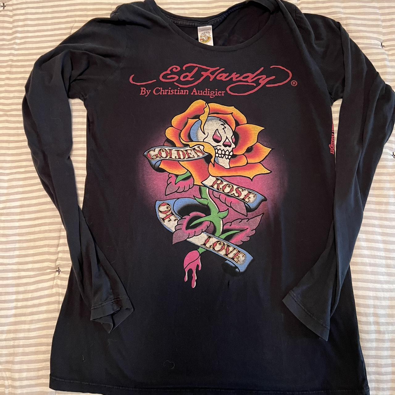 Ed Hardy Golden Rose Of Love Long-Sleeve T-Shirt The... - Depop